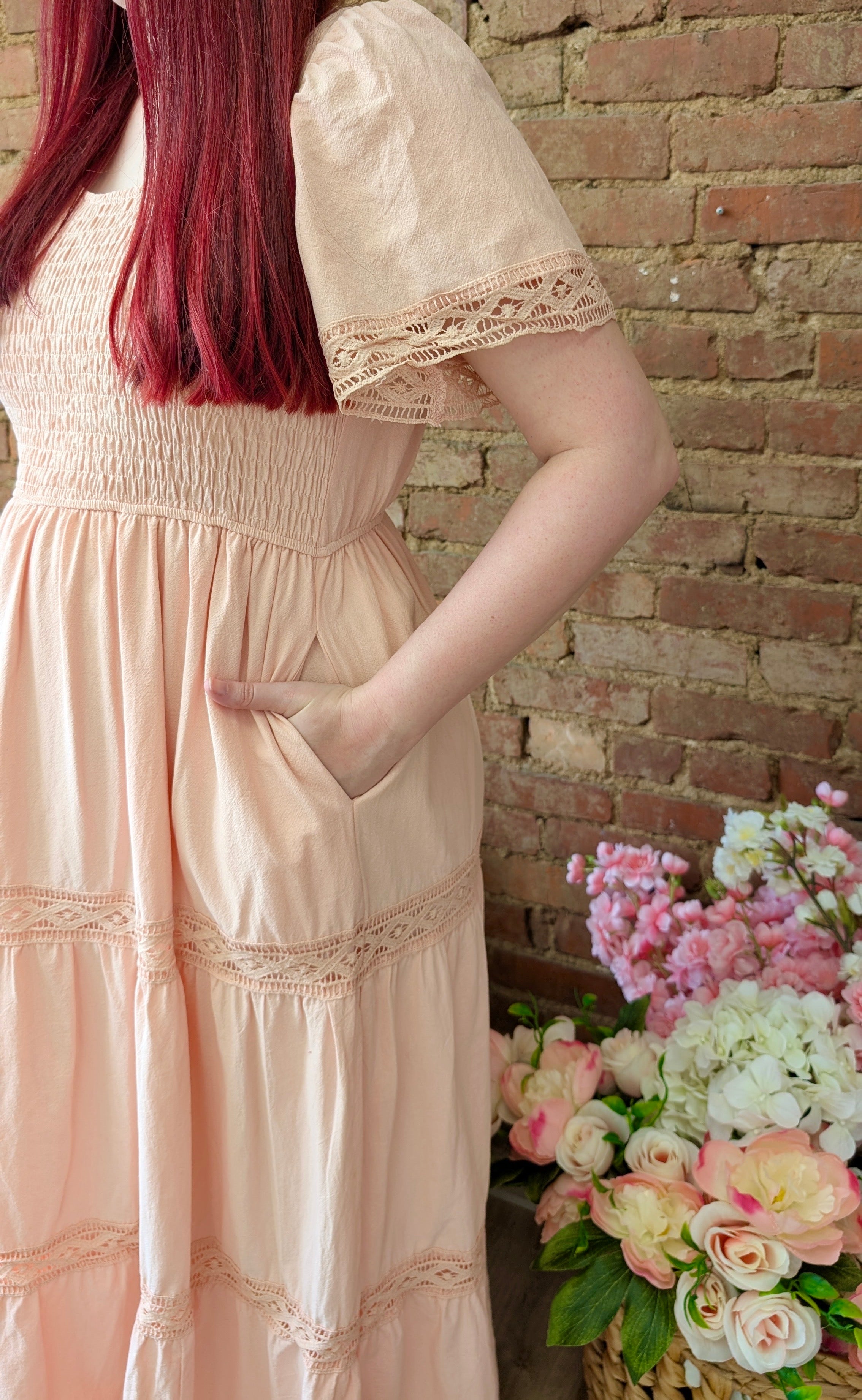 Blush Pink Smocked Midi Dress | Hippington